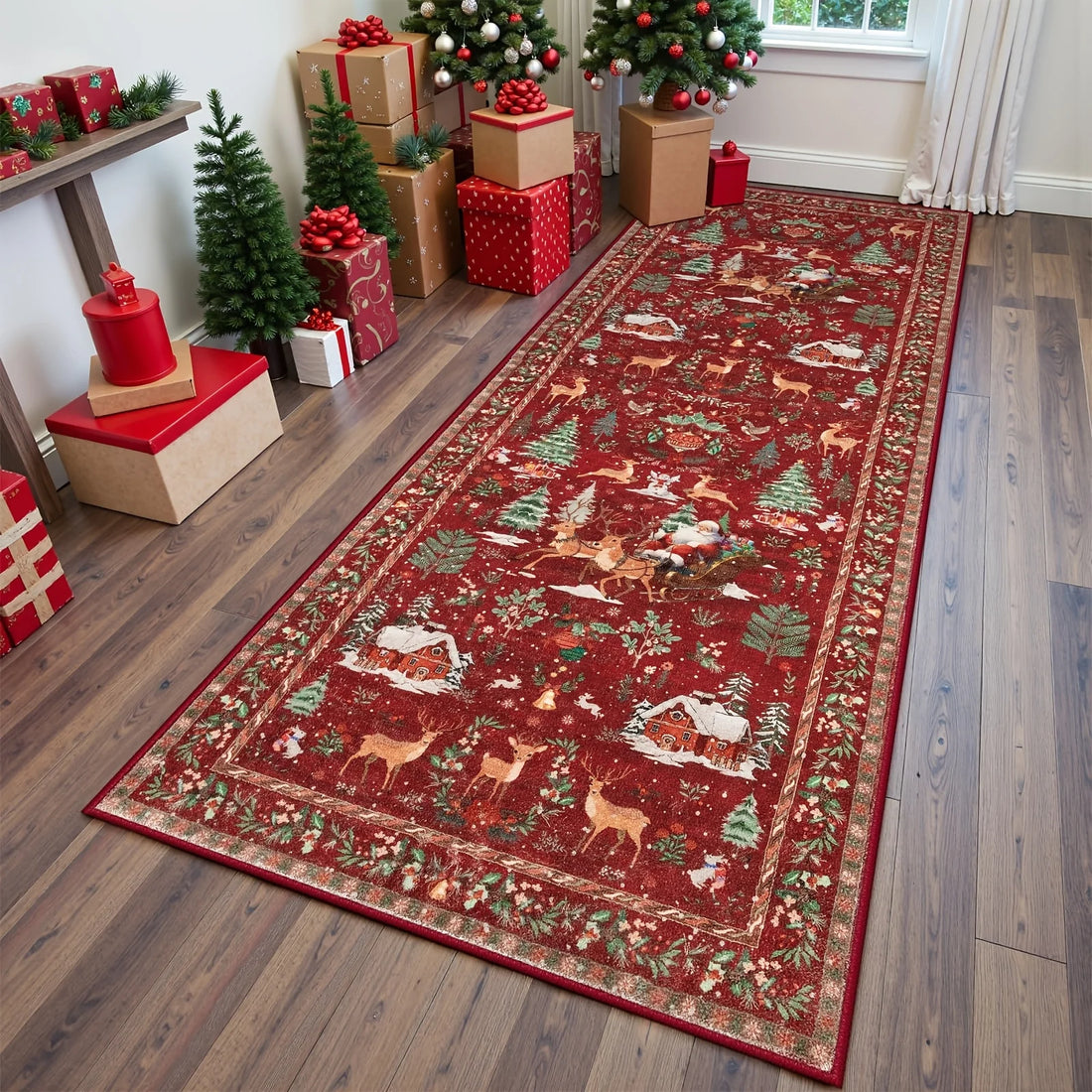 VIKAMA Retro Christmas Long Rug, Durable And Machine Washable, Suitable For Living Room, Kitchen, And Bathroom Floor Decoration